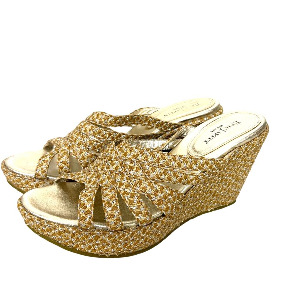 Eric Javits Womens 10 Edy Gold Leather Wedge Sandals Slip On Open Toe Shoes